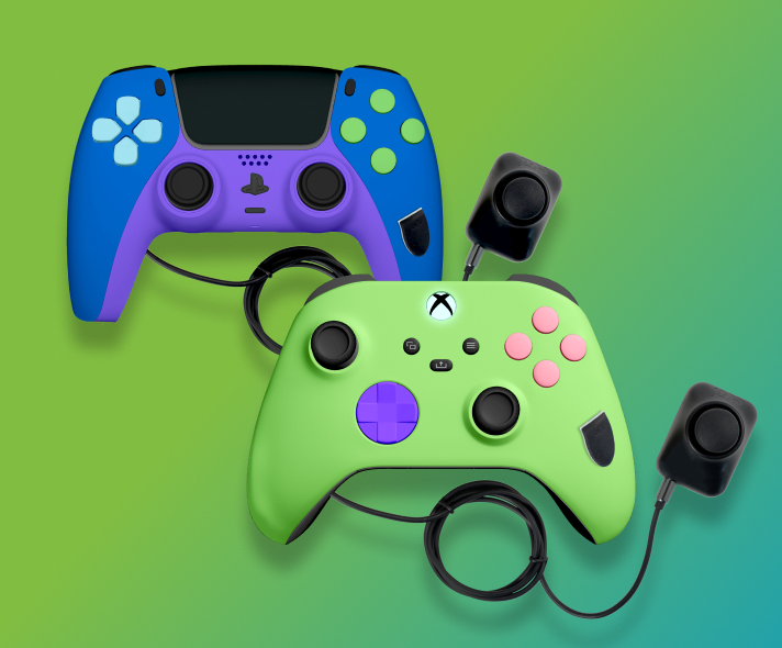 Two controllers with added buttons on the face and an external thumbstick extending from it with a cable.