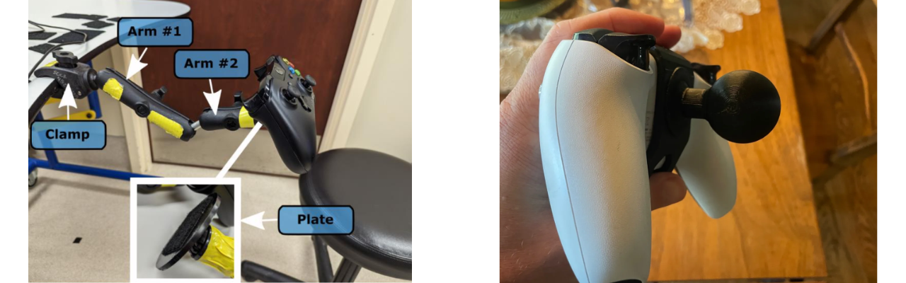 Two photos. One using hook and loop and a flat plate to attach a controller to a RAM mount. The ohter showing a 3D printed RAM ball attachment to a controller